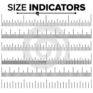 Size Indicator Set Vector. Ruler Scale Distances. Graduation. Size Indicator Units. Centimeter And Inches. Isolated