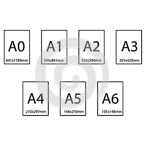 Size of series A paper sheets comparison chart, from A0 to A10 format