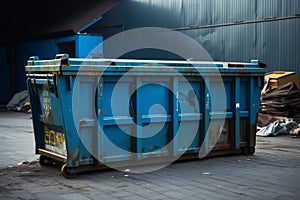 The sizeable blue dumpster, a robust iron container built for waste transportation