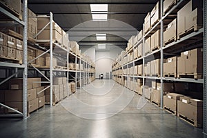 A sizeable clean warehouse with shelves and cardboard boxes. AI generative