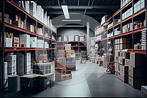 A sizeable clean warehouse with shelves. Generative AI.