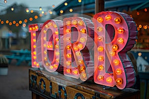 A sizeable neon sign placed on top of a table in an outdoor setting