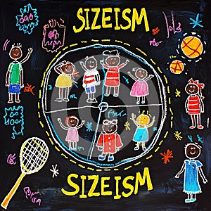 SIZEISM text related to the type of discrimination written on a blackboard