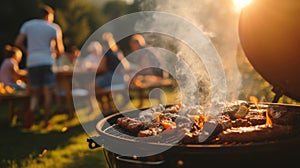 a sizzling barbecue grill surrounded by friends and family, with plumes of smoke rising against a clear summer sky