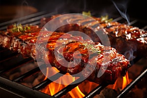 Sizzling barbecue ribs on a grill, closeup of deliciousness