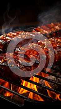 Sizzling barbecue ribs on a grill, closeup of deliciousness