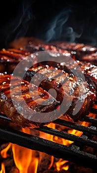 Sizzling barbecue ribs on a grill, closeup of deliciousness