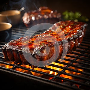 Sizzling barbecue ribs on a grill, closeup of deliciousness