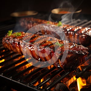 Sizzling barbecue ribs on a grill, closeup of deliciousness