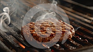 Sizzling Beef Burger Patty Grilling on a Flaming Barbecue