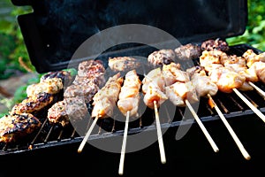 Sizzling burgers and chicken kebabs photo