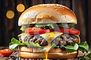 Sizzling Delight: Macro Shot of Beef Burger with Sesame Bun, Capturing Juices and Texture