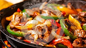 Sizzling fajitas with grilled meats and fresh veggies Ai Generated