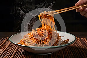 Sizzling fried noodles, savory strands of goodness captured beautifully