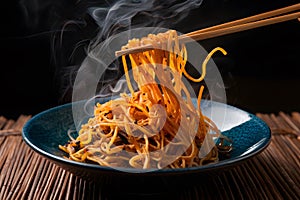 Sizzling fried noodles, savory strands of goodness captured beautifully
