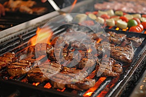 Sizzling grill Beef and chicken steaks engulfed in fiery flames