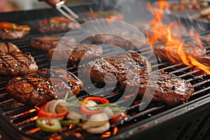 Sizzling grill Beef and chicken steaks engulfed in fiery flames