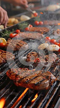 Sizzling grill Beef and chicken steaks engulfed in fiery flames