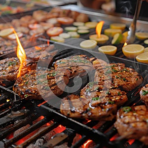 Sizzling grill Beef and chicken steaks engulfed in fiery flames