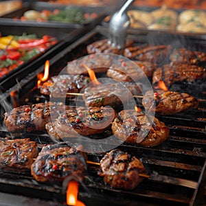 Sizzling grill Beef and chicken steaks engulfed in fiery flames