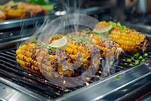 Sizzling Grilled Corn Cobs with Lime and Herbs on a Barbecue Grill with Steam, Vibrant Summer Food Concept