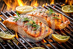 Sizzling grilled salmon with lemon slices photo