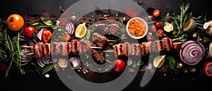 Sizzling Grilling Concept: Meats, Marinades, and Skewers, Top View