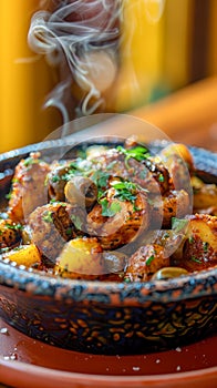 Sizzling Hot Spicy Chicken and Potato Tagine with Fragrant Steam in Traditional Cookware