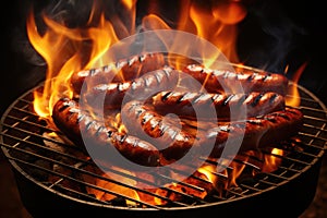 Sizzling image of hot dogs cooking on grill, with vibrant flames in background.