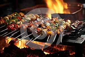 sizzling kebabs over hot charcoal fire