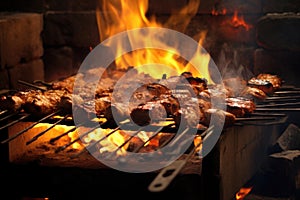 sizzling kebabs over hot charcoal fire
