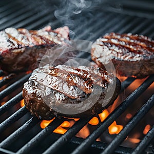 Sizzling meat steaks on the grill, tempting aroma fills air