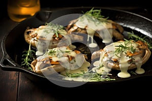 sizzling pan of hen-of-the-woods mushrooms stuffed with havarti