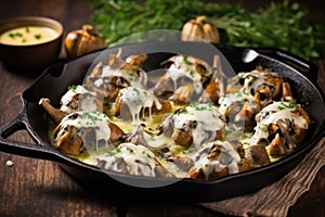 sizzling pan of hen-of-the-woods mushrooms stuffed with havarti