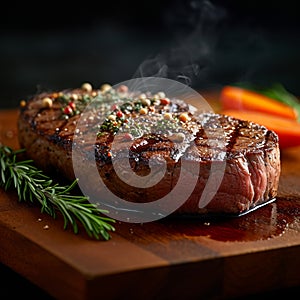 Sizzling perfection a succulent steak rests on a wooden board