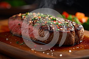 Sizzling perfection a succulent steak rests on a wooden board