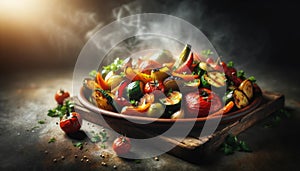 Sizzling Roasted Vegetables on Wooden Platter, Gourmet Dining Concept
