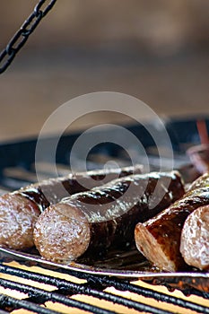 Sizzling sausage on a campfire at a barbecue event.