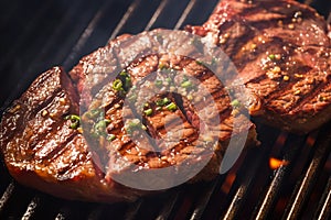 Sizzling sensation Close up beef flank steak grilling to savory perfection