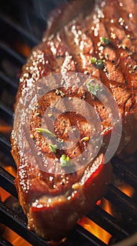 Sizzling sensation Close up beef flank steak grilling to savory perfection