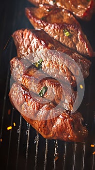 Sizzling sensation Close up beef flank steak grilling to savory perfection