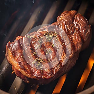 Sizzling sensation Close up beef flank steak grilling to savory perfection