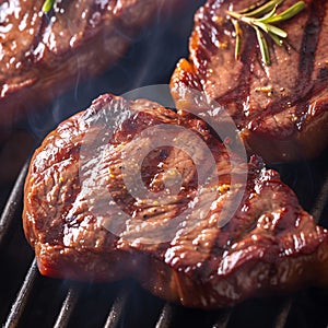 Sizzling sensation Close up beef flank steak grilling to savory perfection