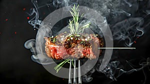 Sizzling Steak on Fork with Herbs and Smoke. Juicy Medium Rare Beef. Culinary Art and Gastronomy. Perfect for Restaurant
