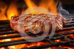 sizzling steak on lit grill, charring on edges