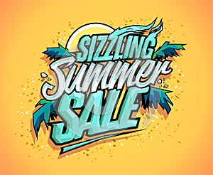 Sizzling summer sale vector banner, hot tropical design concept