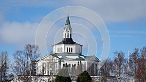 Sjalevads kyrka church in Ornskoldsvik town in winter in Sweden photo