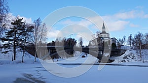 Sjalevads kyrka church in Ornskoldsvik town in winter in Sweden photo