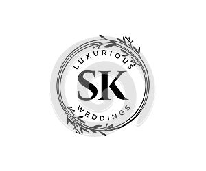 SK Initials letter Wedding monogram logos template, hand drawn modern minimalistic and floral templates for Invitation cards, Save