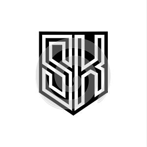 SK Logo monogram shield geometric white line inside black shield color design